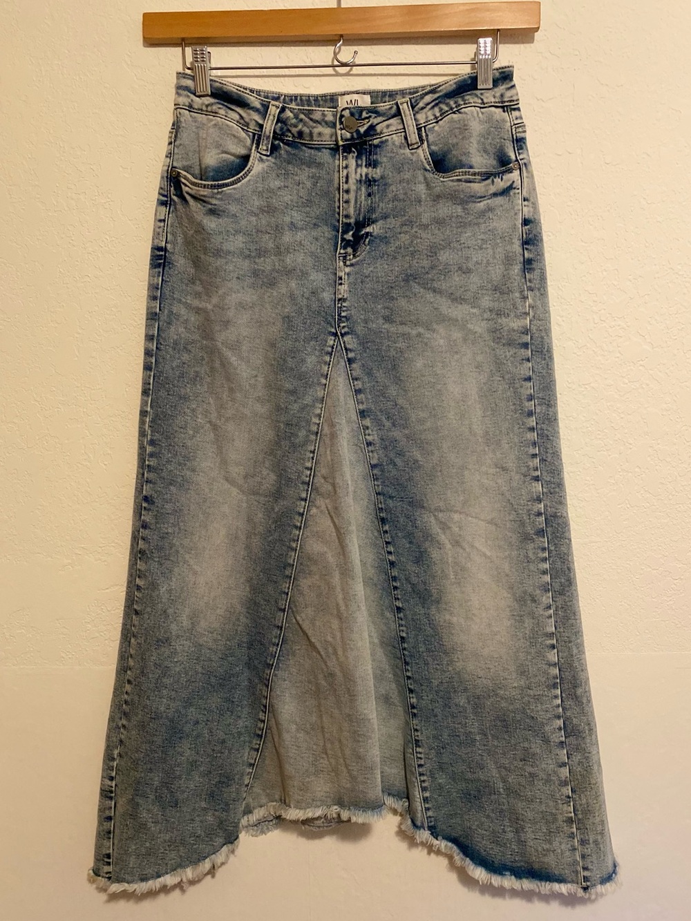Wash Lab Denim Asymmetrical Royal Maxi Skirt Raw Hem Acid Wash WesternBoho W 29”